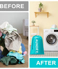 Image of a before and after comparison: left shows a pile of clothes, right displays Two Pack XL Travel Laundry Bags With Drawstring Closure next to a washing machine.