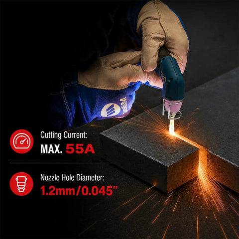Plasma cutting metal at 55A with 1.2mm nozzle, part of 50 Piece Plasma Cutter Torch Consumables Kit With Storage Box Includes Nozzles Electrodes Shielding Cups And Wire Feeders For AG60 WSD60 BTC500DP Compatible For DIY Metal Fabrication.