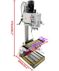 Gear Head Vertical Drill Press With Automatic Feed For Drilling Tapping And Milling Heavy Duty Workhorse displayed with measurements