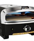 Versa 16 Pizza Oven With 16 Inch Rotating Stone, Patented Dual Burner System, shown with black and silver design, front view