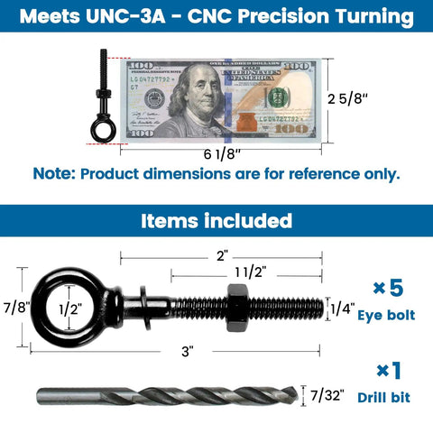 Diagram showing Five Pack 3 Inch Black Eye Bolts With Nuts Washers And Drill Bit T316 Stainless Marine Grade Heavy Duty Eyebolts