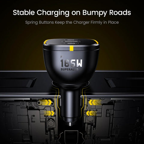 Straight Fire 165W USB C Car Charger PD 3.1 100W Quick Charge 5.0 with spring buttons for stable charging in vehicles.