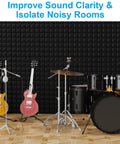 Four Pack Heavy Duty Acoustic Foam Panels Top Tier Sound Deadening Wall Tiles Noise Cancelling Studio Pads Pro Grade Soundproofing For Home Office And Music Rooms displayed behind guitars and drums.