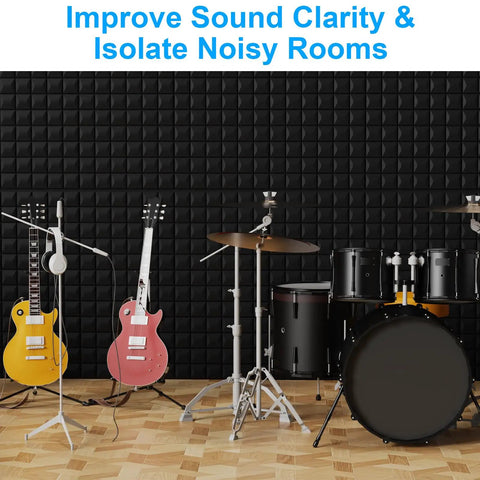 Four Pack Heavy Duty Acoustic Foam Panels Top Tier Sound Deadening Wall Tiles Noise Cancelling Studio Pads Pro Grade Soundproofing For Home Office And Music Rooms displayed behind guitars and drums.