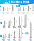 460Pcs Stainless Steel Wood Screws Kit With 18 Sizes Self Tapping Pan Head Screws For Wood Deck Drywall Concrete One Quarter Inch To Two Inch Assortment Set 304 Stainless Corrosion Resistant Heavy Duty, size chart with quantities.