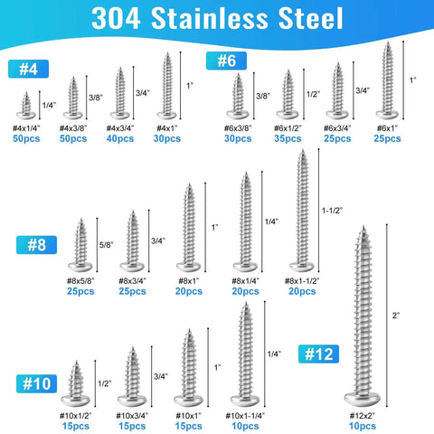 460Pcs Stainless Steel Wood Screws Kit With 18 Sizes Self Tapping Pan Head Screws For Wood Deck Drywall Concrete One Quarter Inch To Two Inch Assortment Set 304 Stainless Corrosion Resistant Heavy Duty, size chart with quantities.