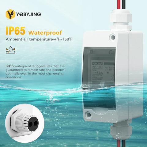 63 Amp Solar Panel Disconnect Switch And Two Pole Circuit Breaker for DC And AC Up To 500V, shown with IP65 waterproof enclosure.