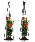 67 Inch Obelisk Garden Trellis For Cucumber And Climbing Plants Yard Ready Outdoor Plastic Coated Metal Support For Vines Tomatoes And Flowers Black Two Pack Set with red flowers
