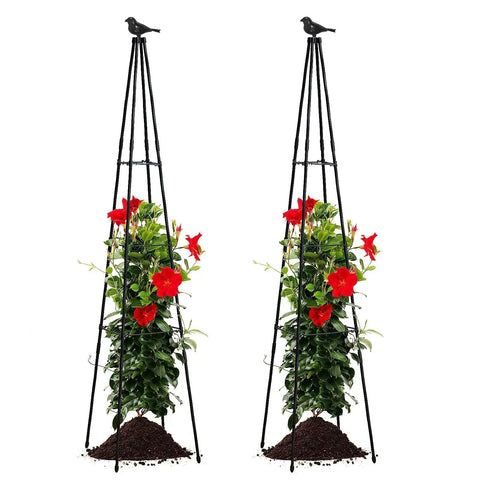 67 Inch Obelisk Garden Trellis For Cucumber And Climbing Plants Yard Ready Outdoor Plastic Coated Metal Support For Vines Tomatoes And Flowers Black Two Pack Set with red flowers