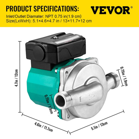 Hot Water Recirculating Pump 93W 110V With Stainless Steel Head, size and specifications displayed