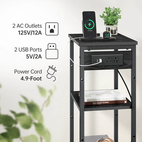 Tall Nightstand With Charging Station And Outlets, 3 Tier Narrow End Table With Ample Storage, Slim Side Table With USB Ports
