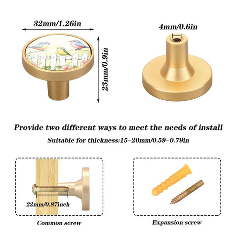 4 Pack Golden Metal Drawer Knobs 32mm Cabinet Knobs Pull Handles With Screws Birds On Fence Pink And Blue Flower Pattern For A Sweet Farmhouse Look On 15-20mm Thick Furniture Easy Install with common and expansion screws displayed.