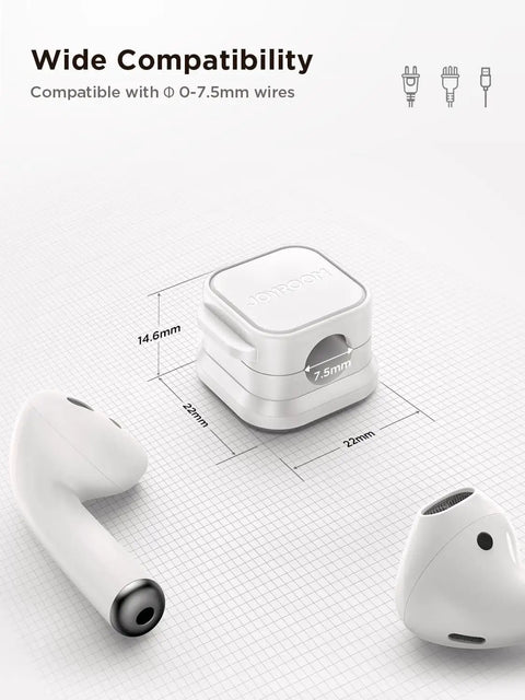 9 Pack Magnetic Cable Clips For Easy Cable Management Under Desk And On Walls shown with size dimensions and compatibility details.