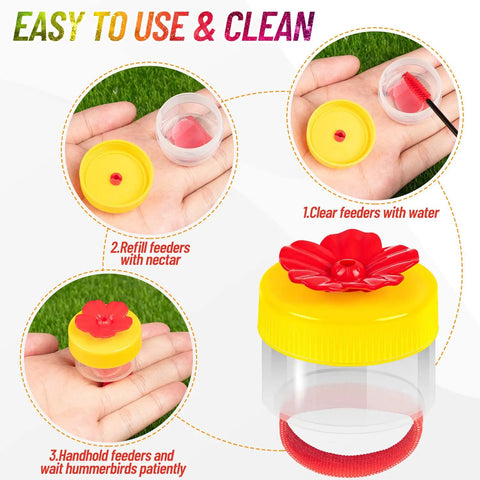 Close-up of Grab And Go Four Piece Hummingbird Ring Feeder Kit showing handheld feeders, cleaning process, and use instructions.