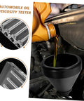 Engine Oil Viscosity Testing Stand And Acrylic Oil Comparator Tool For Auto Maintenance And Car Repair, Ideal For Pro Shops And DIY Garages, Durable, Easy To Use, Precision For Diagnostics. Black funnel pouring oil into engine