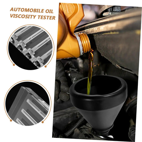 Engine Oil Viscosity Testing Stand And Acrylic Oil Comparator Tool For Auto Maintenance And Car Repair, Ideal For Pro Shops And DIY Garages, Durable, Easy To Use, Precision For Diagnostics. Black funnel pouring oil into engine