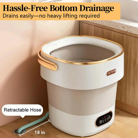 No Sweat Portable Washing Machine With Heavy Duty Spin Basket And 20 Liter Foldable Design showing detachable drain hose for easy use.