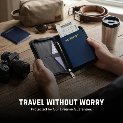 RFID Blocking Passport Holder And Travel Wallet Zippered Compact Organizer For Men And Women in use, holding passport