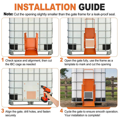 Installation guide for Solid Gear Sliding Grain Gate With Heavy Duty Discharge Chute For IBC Tote 9x9 showing cut instructions.