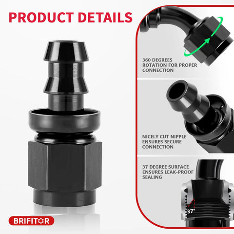 6AN Push Lock Fittings Kit With 0 Degree 45 Degree 90 Degree 180 Degree Angles, product details shown with rotation feature