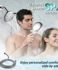 Couple using 2 In 1 All In One Dual Shower Head System With Rainfall And Handheld Spray, 59 Inch Stainless Steel Hose