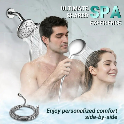 Couple using 2 In 1 All In One Dual Shower Head System With Rainfall And Handheld Spray, 59 Inch Stainless Steel Hose