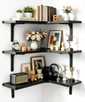 Heavy Duty 3 Tier Engineered Wood Storage Shelf And Display Rack For Kitchen Bedroom And Desk Space Saving Corner Wall Mounted Floating Organizer With Reinforced Metal Brackets holding books, plants, and decor items.