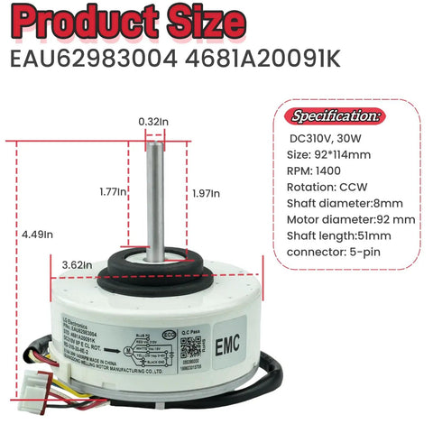 Brushless DC Inverter Fan Motor EAU62983004 4681A20091K with specifications: size 92x114mm, DC310V, 30W, 1400RPM, CCW, 5-pin.