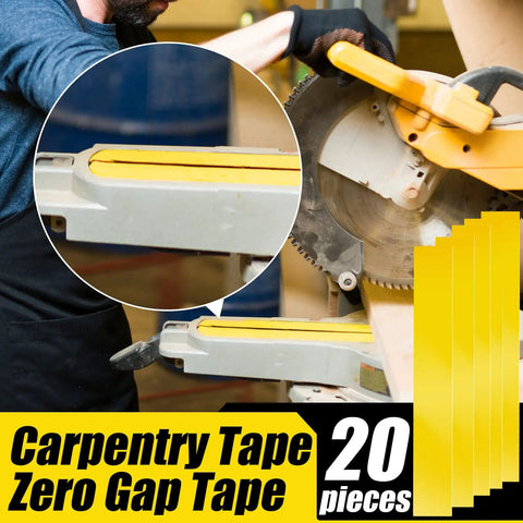 Tough As Nails Zero Clearance Tape For Miter Saw 20 Pack Self Adhesive Woodworking Gap Strips 2X14 Inch Yellow displayed on a miter saw.