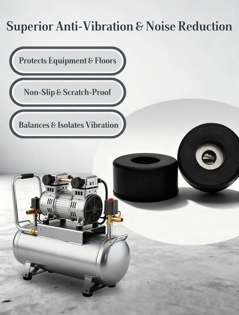 Heavy Duty Anti Vibration Rubber Feet 4 Pack With Mounting Screws For Air Compressors and Work Gear on a silver air compressor.