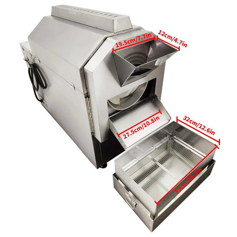Roller Type Electric Stainless Steel Coffee Roaster, 220V 1PH, with dimensions and stainless finish for home and small roasts.