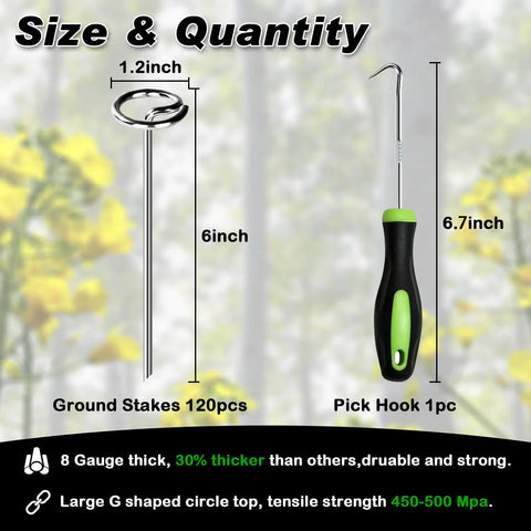 Heavy Duty Landscape Staples 120 Pack 8 Gauge 6 Inch Galvanized Garden Stakes Sod Pins For Plant Cover Tent Weed Barrier Fabric Turf And Outdoor Decor shown with dimensions and pick hook tool
