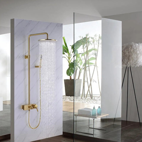 Wall Mounted Exposed Shower System Brushed Gold 3 in 1 with rainfall head and handheld sprayer in a modern bathroom.