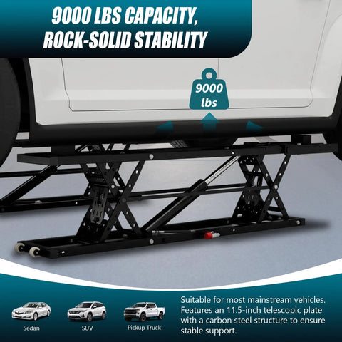 Heavy Duty Portable Hydraulic Car Lift Featuring A Hella Rugged Nine Thousand Pound Capacity Zero Drag Wheels Clean Steel Build Ideal For Home Garage Wrenchin And Serious Auto Work with 9000 lbs stability.