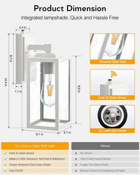 Product dimension of 2 Pack Dusk To Dawn Outdoor Wall Lanterns Waterproof Aluminum Sconce Lights With Tempered Seeded Glass Built To Last No Fuss Weatherproof Garage Entryway Wall Mount Exterior Lighting Anti Rust Easy Install