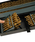 Durable 4241 Steel High Speed Twist Drill Bit Set With Round Shanks In A Sturdy Iron Box for Wood Plastic Metal Projects shown open