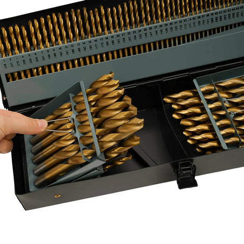 Rock Solid 115 Piece Spiral Drill Bit Set With High Speed Steel For Heavy Duty Jobs In Iron Stainless Steel And Wood Including All Sizes From A Tiny Inch Up To Half Inch Plus Cool Storage Box, gold HSS drill bits in labeled case