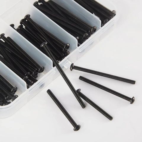 M3 Button Head Socket Cap Screws Set 20 25 30 35 40mm Fully Threaded 10.9 Grade Alloy Steel Black Oxide Finish With Metric Allen Hex Drive 100 Piece Assortment Kit displayed in a plastic organizer.