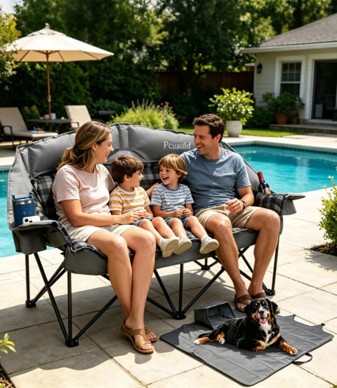 Family sitting on Oversized Double Camping Chair Padded Loveseat With Cup Holders For Two Adults Super Comfy by poolside.