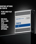 TSW100 Industrial PoE Plus Unmanaged Ethernet Switch with mounting options and plug and play setup in metal casing