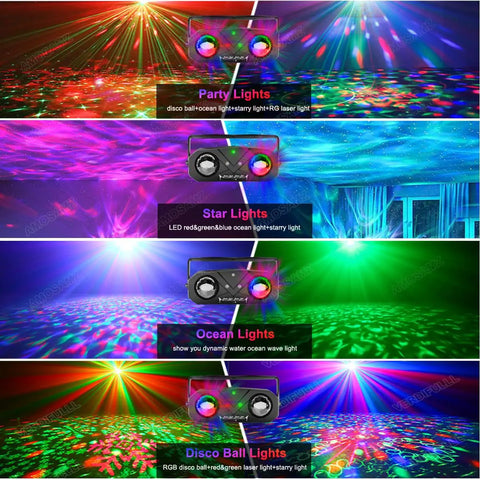 Sound Activated Disco Light Projector with Remote Control for Parties Bar Karaoke KTV Xmas Christmas Halloween Dance Floors and Home Entertainment featuring multi-color lighting effects.