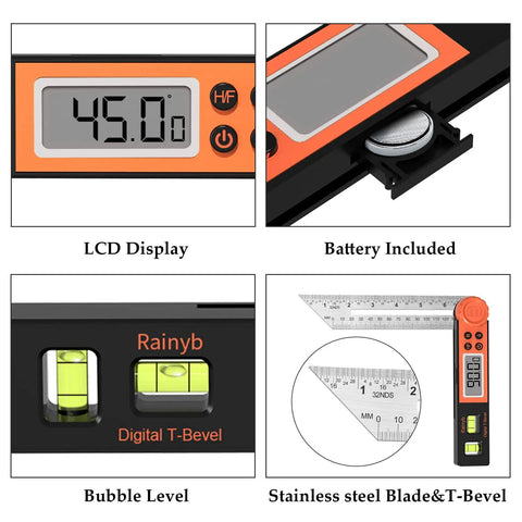Digital Angle Finder Protractor 0-360 Degrees With T Bevel Gauge and Horizontal Vertical Bubble, Full LCD Display features