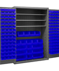 48 Inch Wide Rock Solid Steel Lockable Workshop Cabinet Featuring 138 Blue Hook On Organizers and Three Adjustable Shelves, interior view with blue bins.