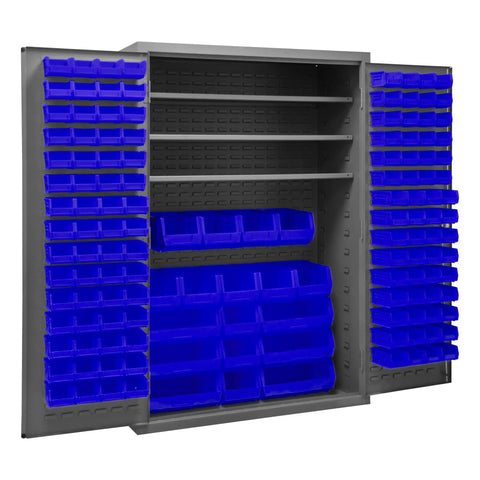 48 Inch Wide Rock Solid Steel Lockable Workshop Cabinet Featuring 138 Blue Hook On Organizers and Three Adjustable Shelves, interior view with blue bins.