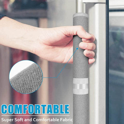 Hand holding gray Refrigerator Door Handle Covers Set of 6 Keep Your Appliances Clean From Food Stains Smudges Drips Oil Washable