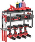 Garage-Ready Heavy Duty Drill Holder And Power Tool Organizer Wall Mount, Metal Cordless Tool Rack For 4 Drills, 3-Tier Storage Shelf