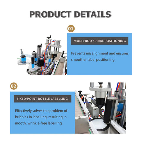 Product details showcasing Multi-Rod Spiral Positioning and Fixed-Point Bottle Labelling for Heavy Duty Automatic Label Applicator With Chain Conveyor For Round Square Hexagonal Bottles Smooth Operator Touchscreen Control Cranks Out Labels At 15 To 60 Per Minute 110V Ready To Hustle.