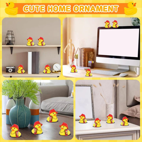 Firefighter Rubber Duck Car Ornament Kit With Hard Hat, Glasses, Gold Necklace And Fire Extinguisher DIY Assemble Squeaky, Non Toxic Silica Gel Dashboard Decor For Cars, Jeeps, Office Or Home displayed in various indoor settings.