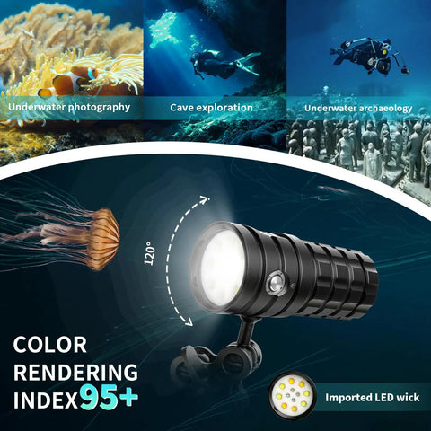 StarShine SR 10000 Lumens Dive Light in action underwater with focus on light beam and high color rendering for videography.