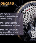 Close-up of nine speed bike cassette 11-32T to 11-50T set with nickel-plating, highlighting gear plate and chain guide slots.